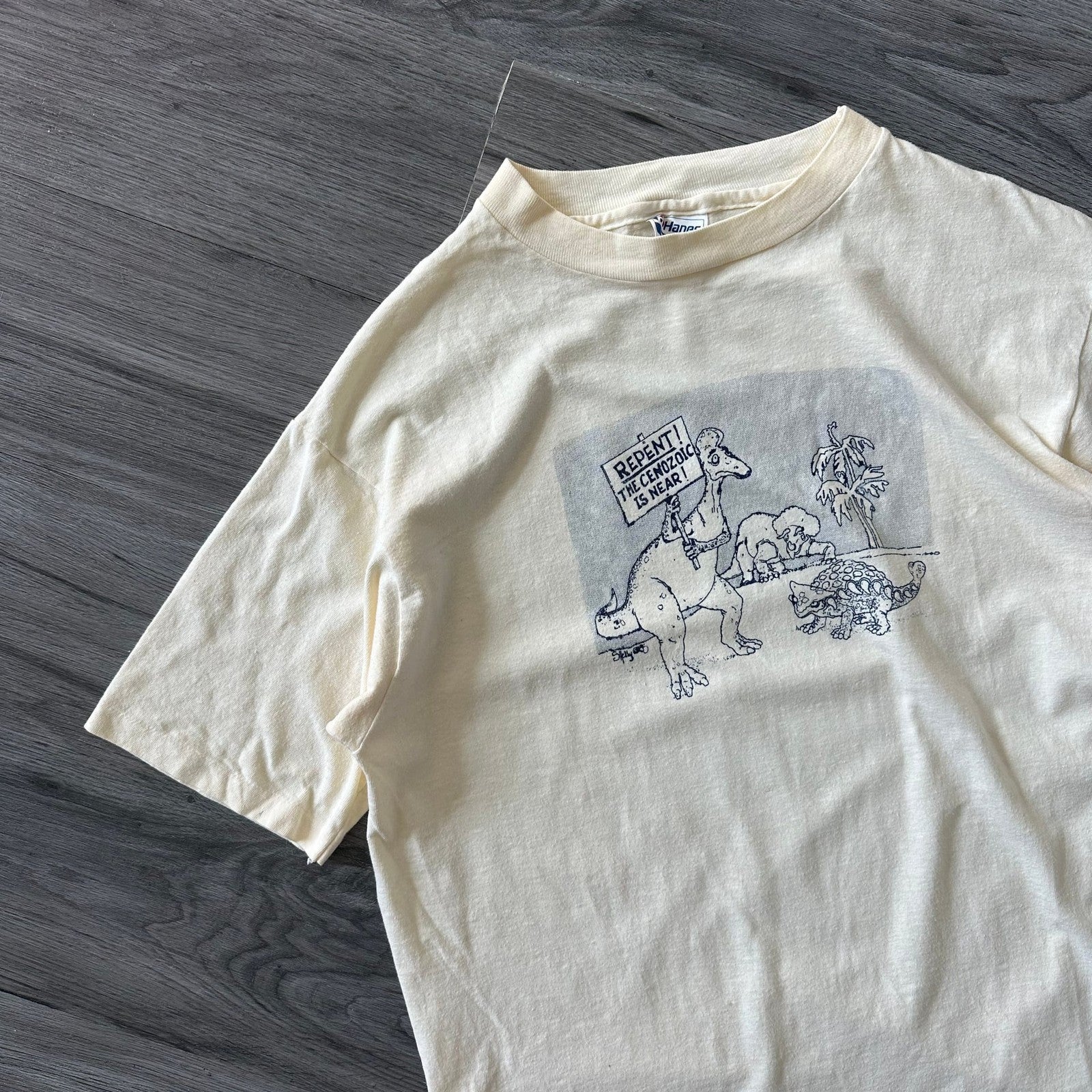 Vintage 80s American Geological Institute Graphic T-Shirt “REPENT” Dinosaur