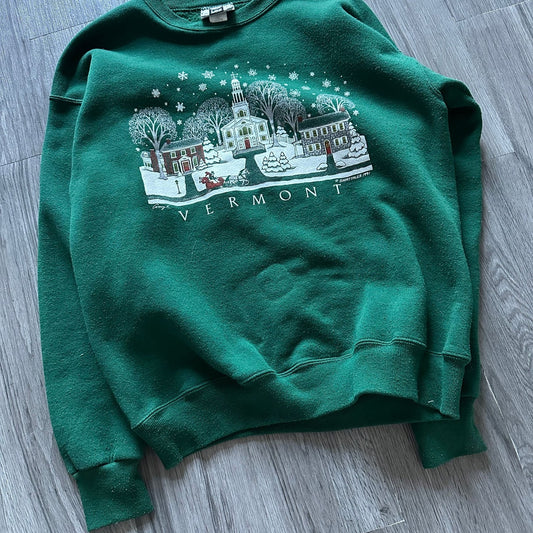 Vintage Shirttales 1991 Vermont Winter Scene Graphic Sweatshirt Green L