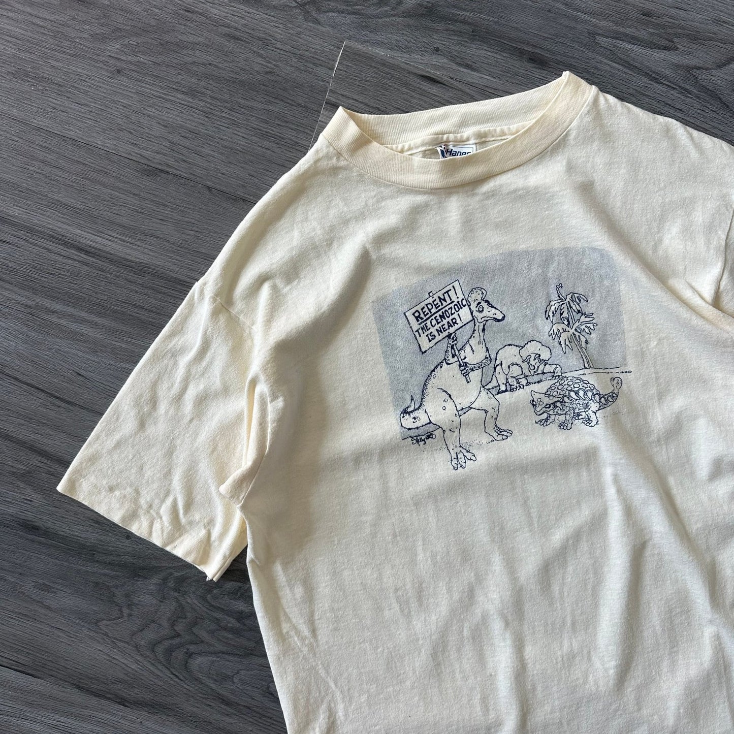 Vintage 80s American Geological Institute Graphic T-Shirt “REPENT” Dinosaur