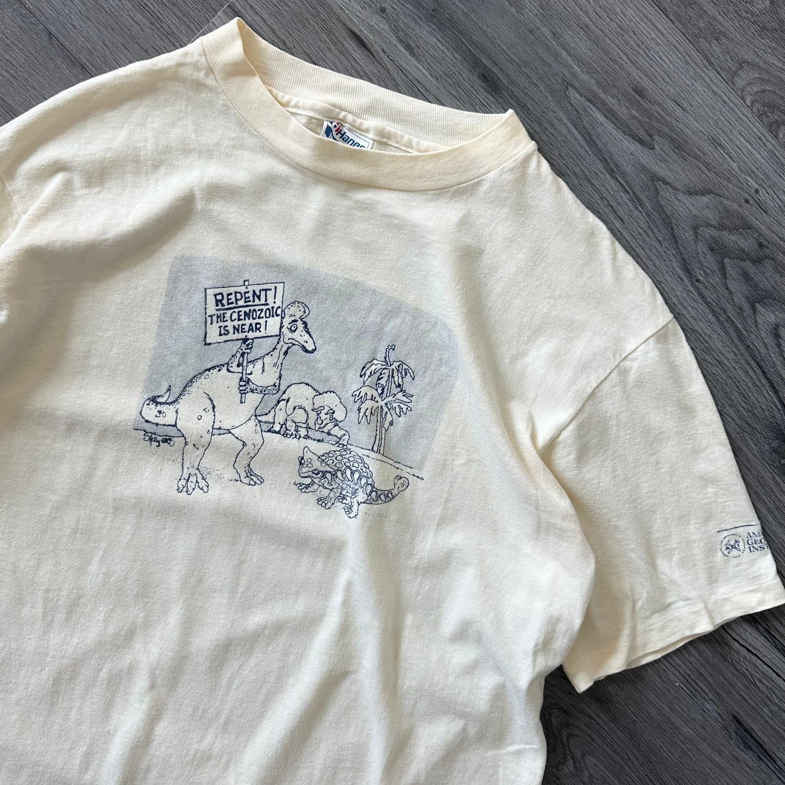 Vintage 80s American Geological Institute Graphic T-Shirt “REPENT” Dinosaur