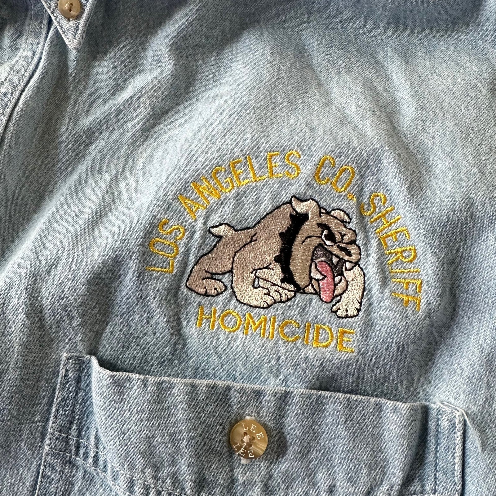Vintage 90s Lee Denim Shirt Los Angeles Co Sheriff Homicide 