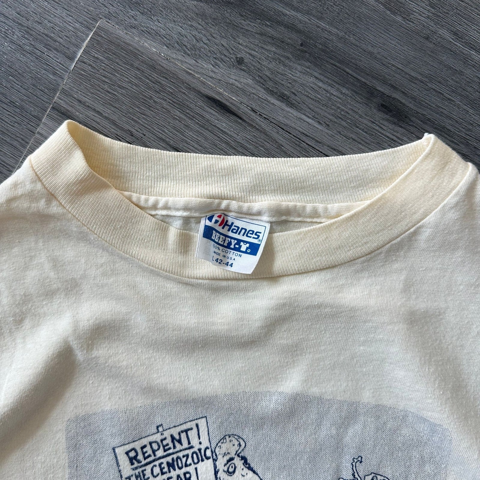 Vintage 80s American Geological Institute Graphic T-Shirt “REPENT” Dinosaur